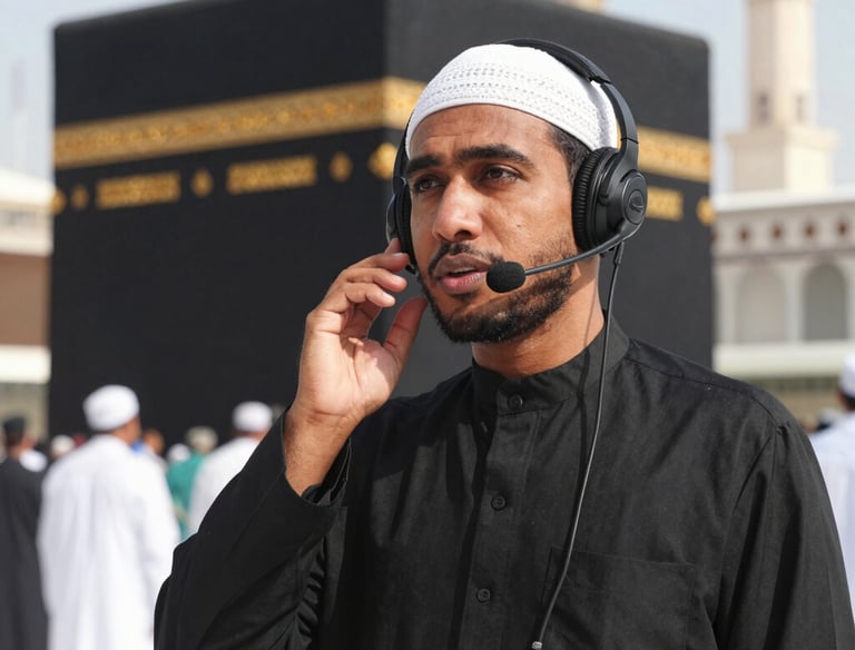 A friendly customer support agent assisting a pilgrim via phone.