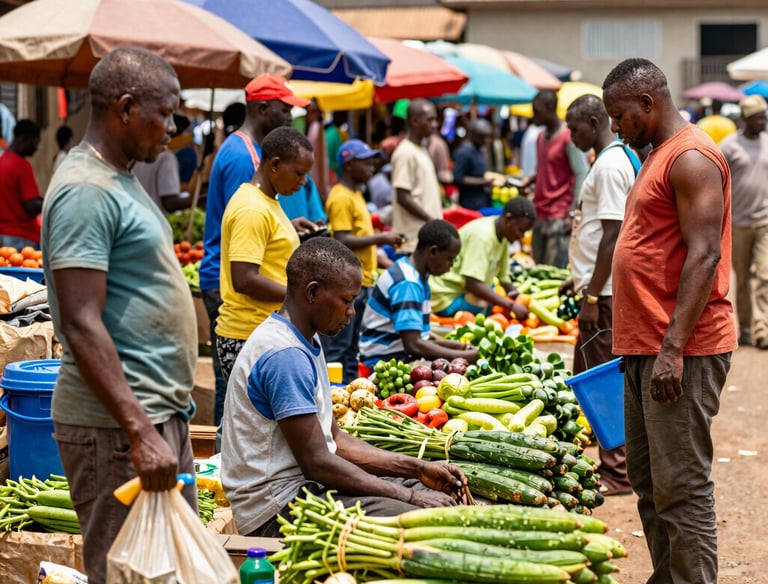 A bustling market scene in Kinshasa with fresh produce on display.