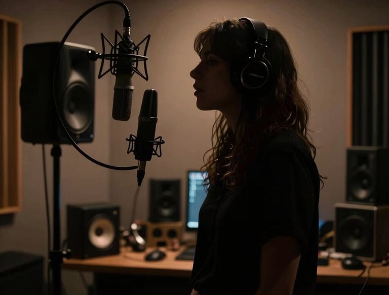 Close-up of a musician adjusting headphones in a dimly lit recording studio.
