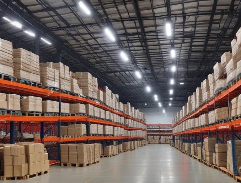 A sleek office interior illuminated by modern commercial LED lighting fixtures.