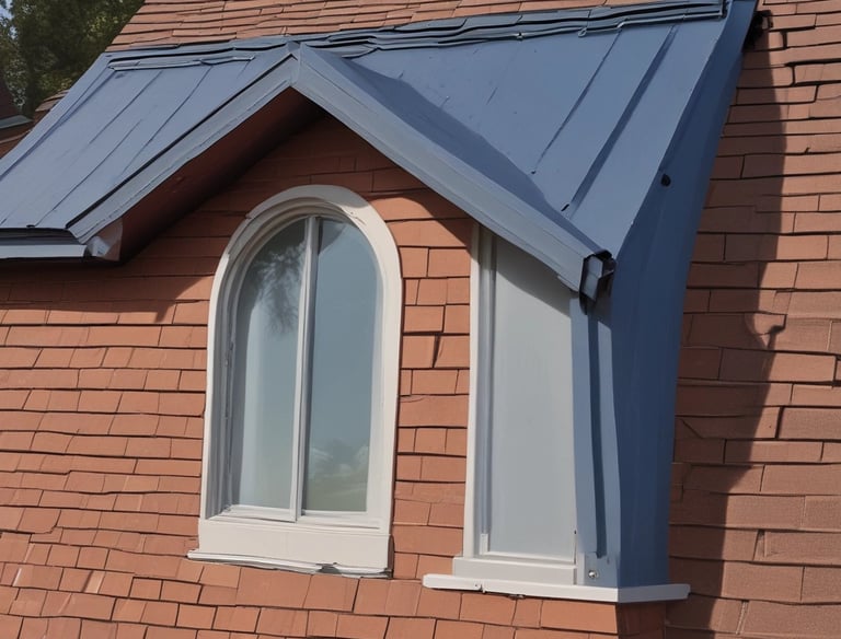 Skilled worker fitting metal flashing on a sloped roof under bright daylight.