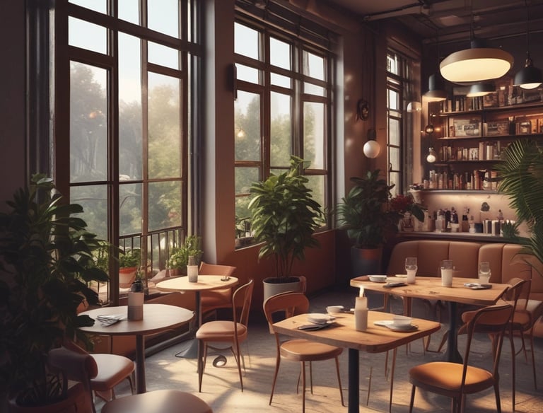 An inviting outdoor lounge area with light orange accents and comfortable seating under a sunset sky.