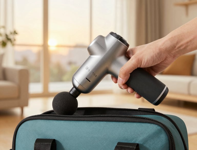Athlete using a compact and ergonomic hand-held massager on the shoulder muscles.