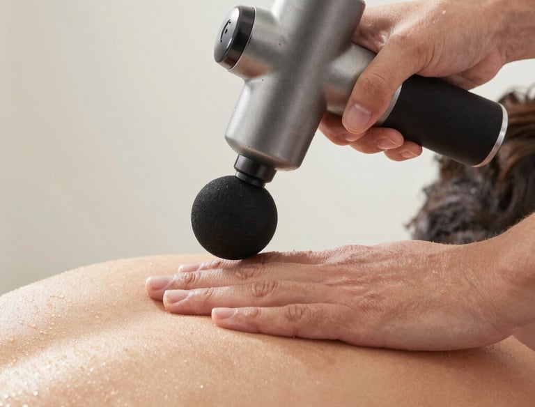 Close-up of an athlete’s leg being massaged deeply by a sleek, modern sports massager.