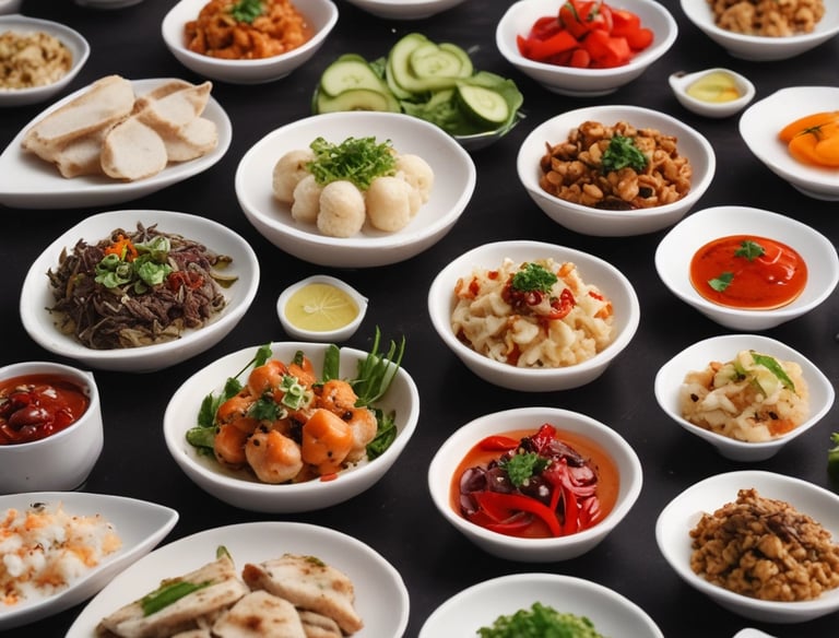 Close-up of a vibrant Asian fusion appetizer garnished with fresh herbs on a dark ceramic plate.