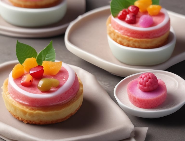 Elegant shot of a dessert featuring exotic fruits and a subtle golden ginger glaze.