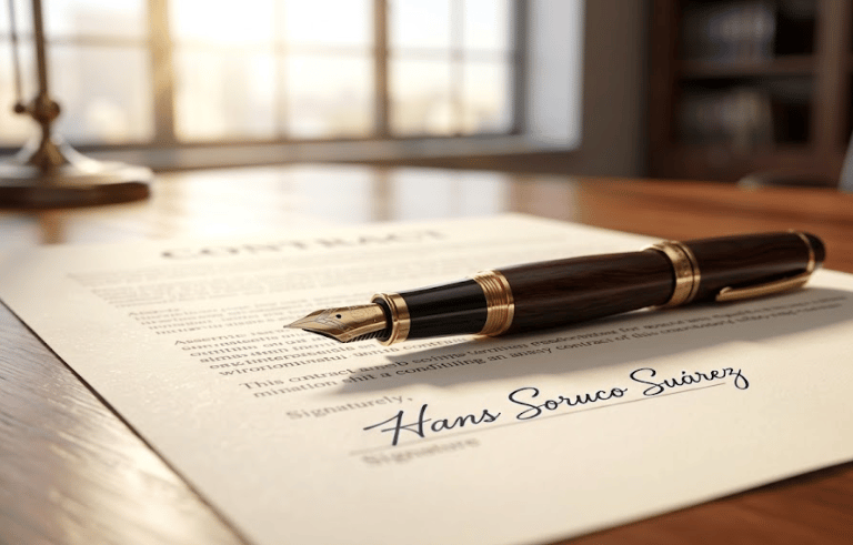 A signed legal contract and luxury fountain pen on a wooden office desk. Hans Soruco Suárez