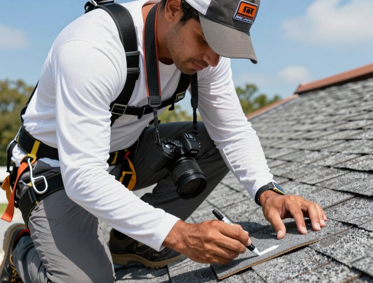 Close-up of a skilled worker inspecting a roof with a focused expression.
