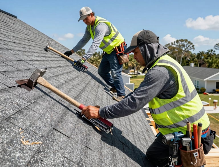 Roofing team carefully installing shingles on a residential home under clear blue sky.