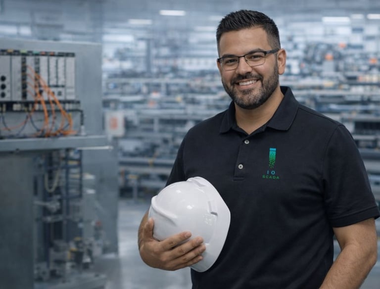 Industrial automation engineer holding hard hat in SCADA-controlled manufacturing environment
