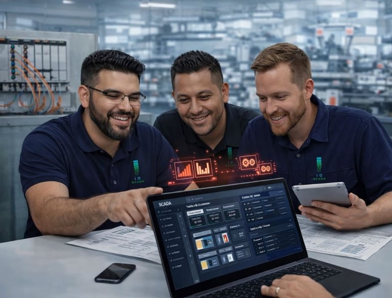 Engineers reviewing SCADA system data on laptop for industrial monitoring and automation