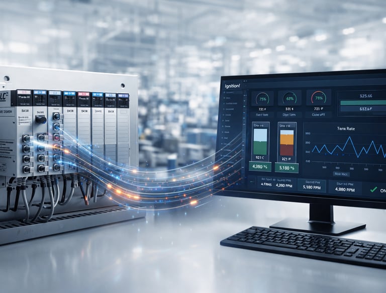 PLC control panel integrated with SCADA software for real-time industrial monitoring and automation