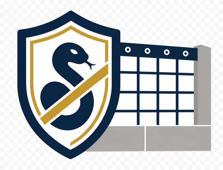 Snake fence installation icon showing protective shield, fence mesh, and block wall barrier.