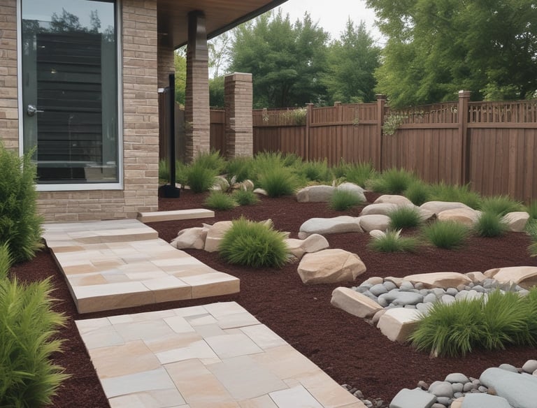 Vibrant tropical garden with colorful plants and a neatly trimmed lawn surrounding a modern home.