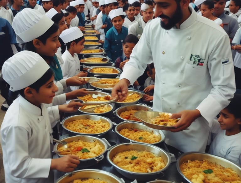 Volunteers serving food with smiles to a group of elders and children.