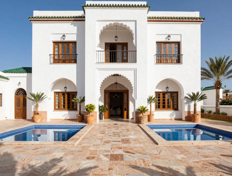Modern Casablanca apartment with floor-to-ceiling windows overlooking the city skyline at sunset.