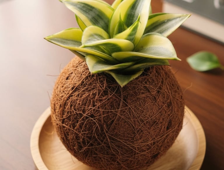 Una pequeña planta de serpiente Sansevieria en una maceta kokedama redonda de fibra de coco sobre un