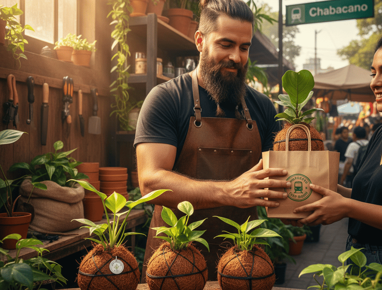 Un florista barbudo vende plantas de bolas de musgo kokedama en un mercado de plantas de la Ciudad d