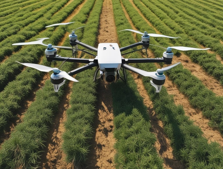 Modern farming machinery working on a fertile river valley farm at sunrise.