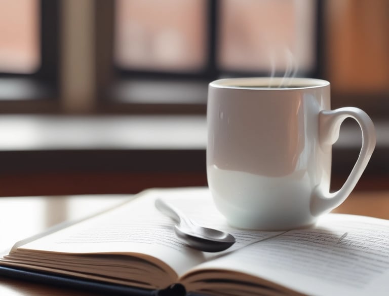 A cozy room with soft green tones, a journal and cup of tea on a wooden table.