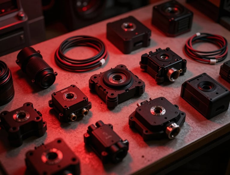 Tight shot of various electrical automotive components, including wires and connectors, on a workbench with subtle red glow, industrial automotive photography.
