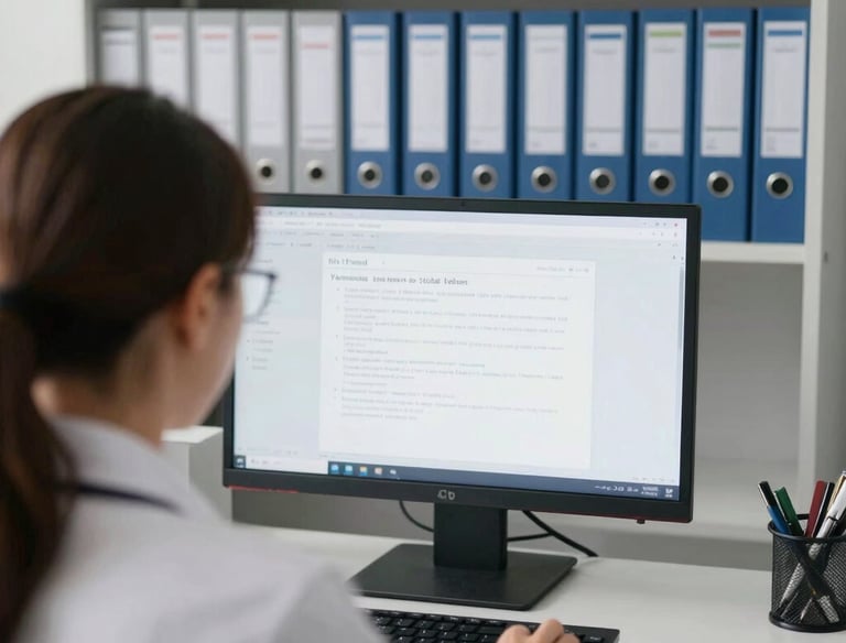 A psychologist thoughtfully reviewing case files in a quiet workspace.