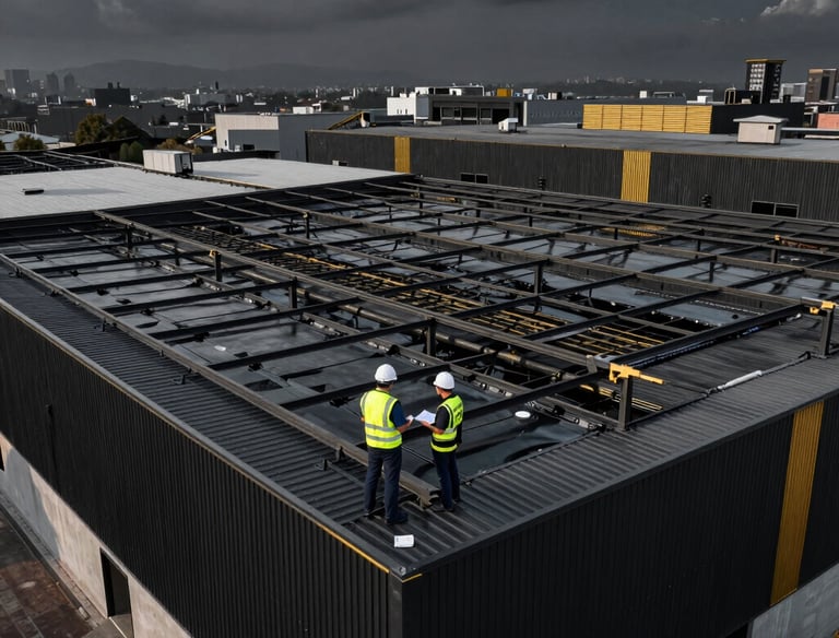 Cinematic aerial shot of a large industrial warehouse roof showing the waterproofing installation process.