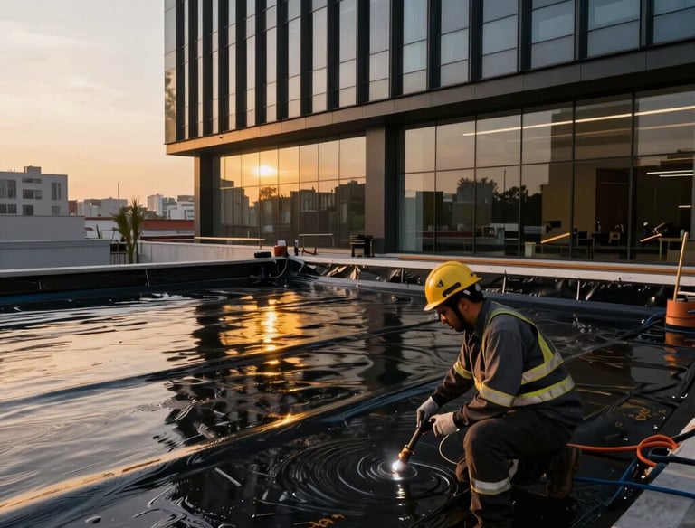 Close-up of a technician applying a polyester-reinforced prefabricated waterproofing membrane on a commercial rooftop with safety gear.