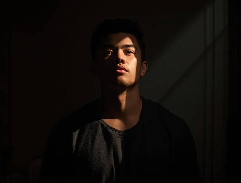 Man in dramatic light and shadow, Thunder Motivation symbolizing inner strength and courage.