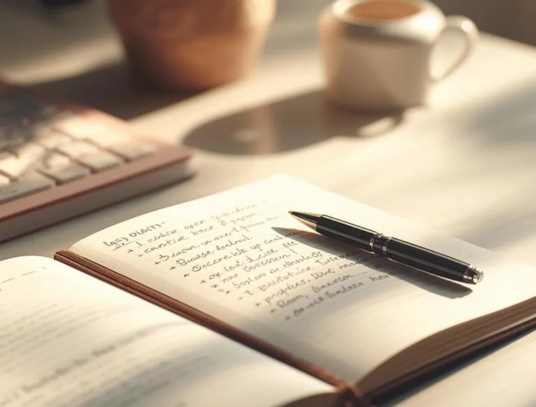 Notebook and pen on desk, Thunder Motivation encouraging planning, clarity and daily focus.