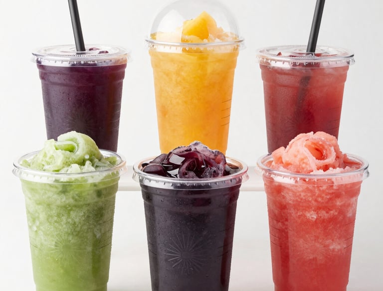 Vibrant slush drinks in elegant glasses with colorful layers and fresh fruit garnishes.