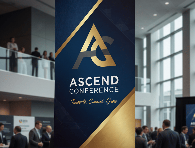 Vertical Ascend Conference banner with gold logo hanging in a busy modern business convention hall.