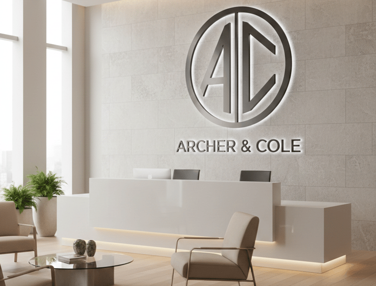 Modern Archer and Cole office reception area with a backlit logo and white minimalist desk.