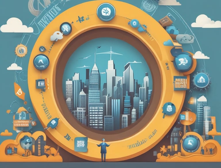 A vibrant street scene showing local shops with bright signage and people engaging nearby.