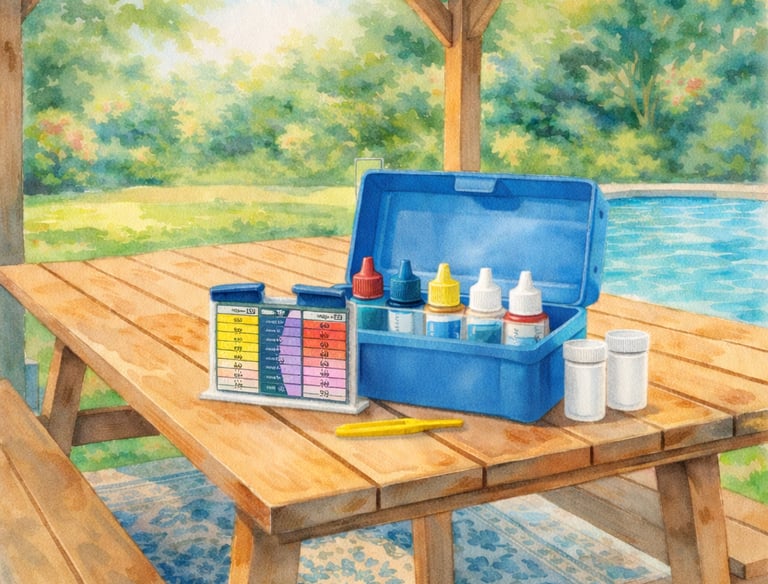 Watercolor illustration of a professional swimming pool water chemistry test kit on a wooden table.