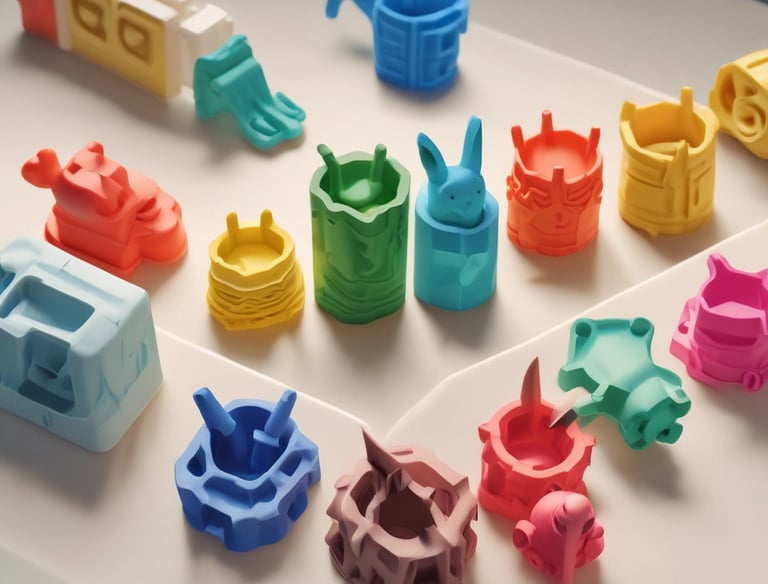 A set of functional 3D printed items including phone stands and key holders in various colors.