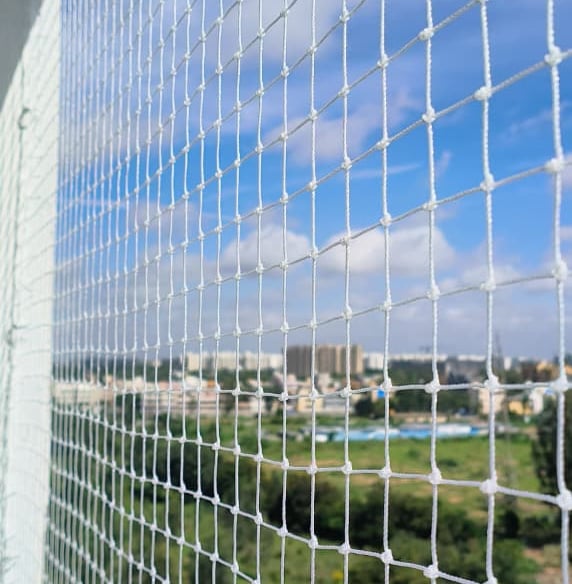 Wide shot showing a building facade fully protected with pigeon net installations.