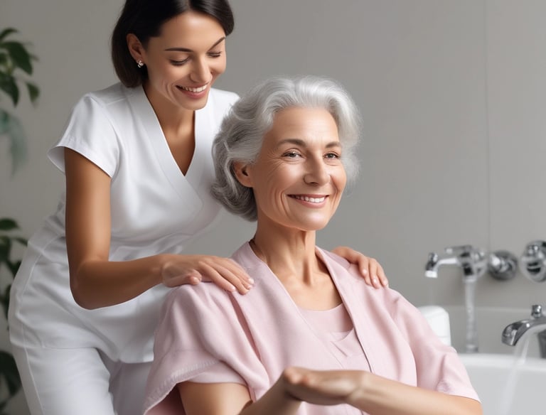 A nurse supporting a person with a disability during community activities outdoors.