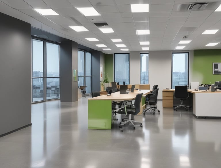 A professional cleaner wiping a bright office desk with a green cloth.