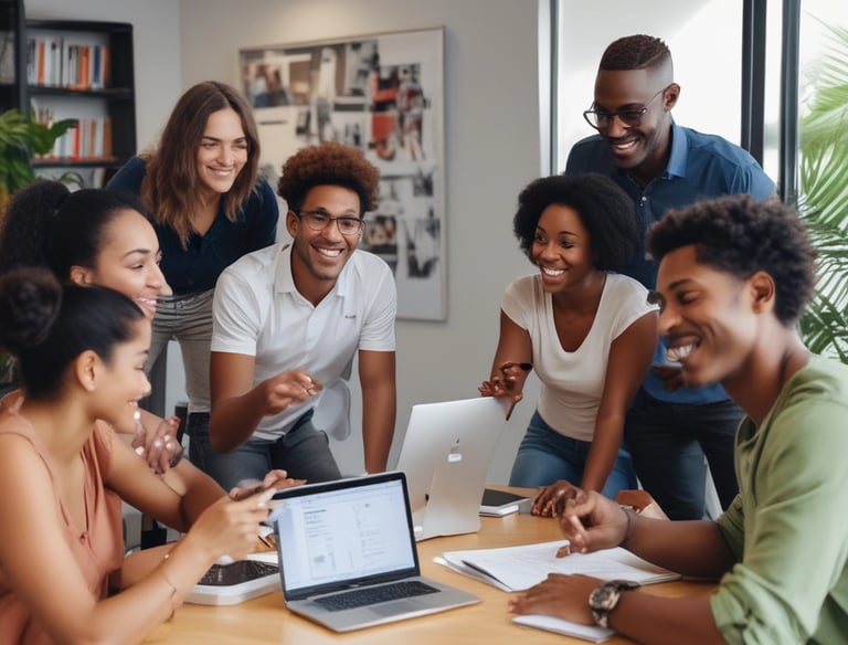 A diverse team of people gathered in an office to develop a marketing strategy