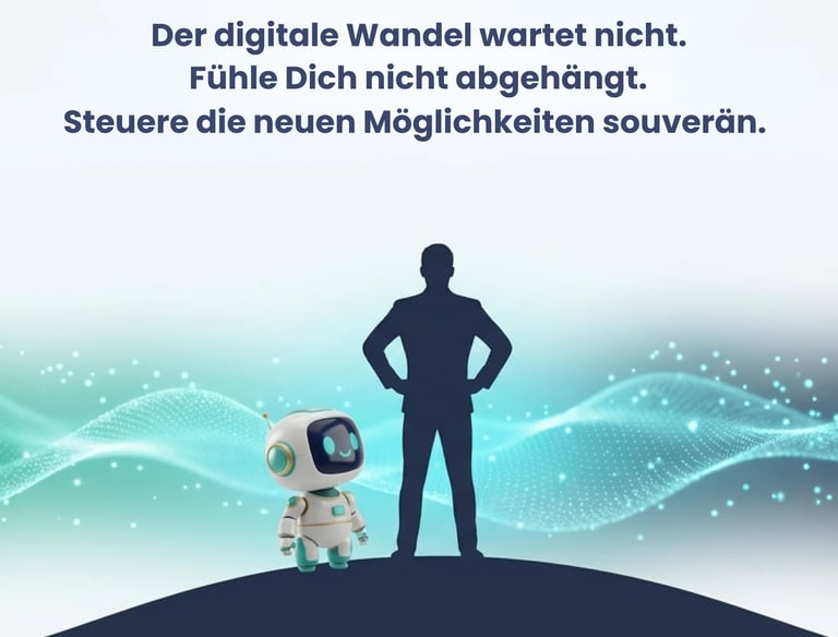 Machine2Mind Roboter neben einer Personen-Silhouette als Symbol für souveränen digitalen Wandel.