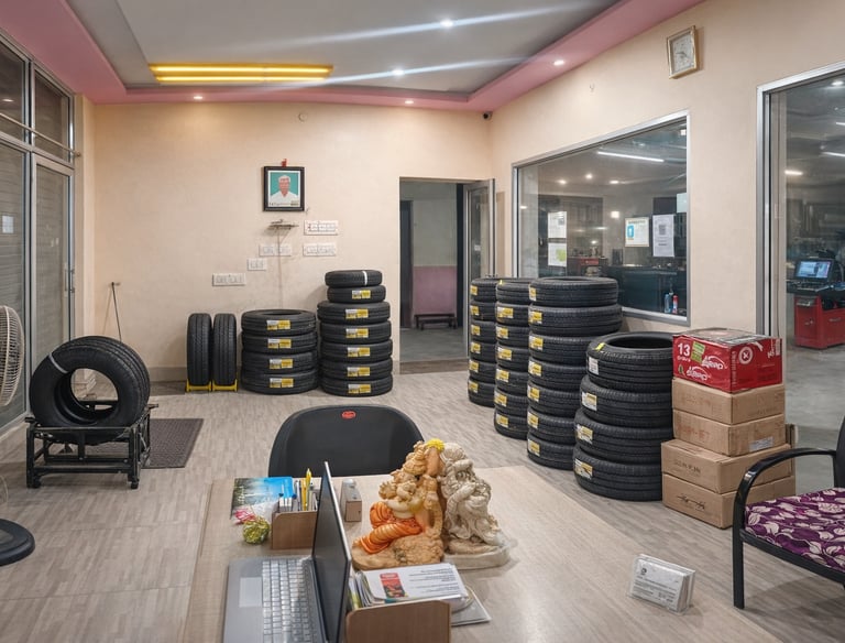 <img src="tyre-sales.jpg" alt="Tyre shop interior with stacked CEAT tyres for cars and bikes">