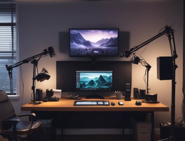 A creative workspace showing AI tools generating vibrant social media visuals on multiple screens.