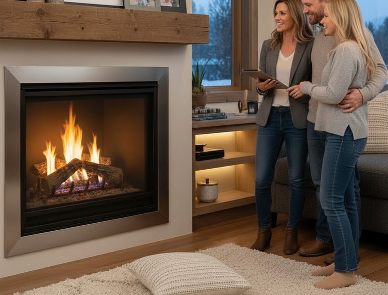 Real estate agent showing clients a gas fireplace