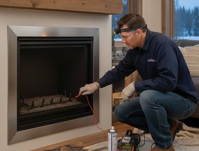 Man repairing a gas fireplace