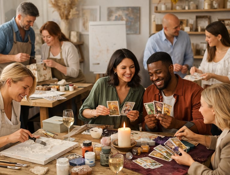 grupo en teambuilding creativo en Madrid creando arte en taller con vino