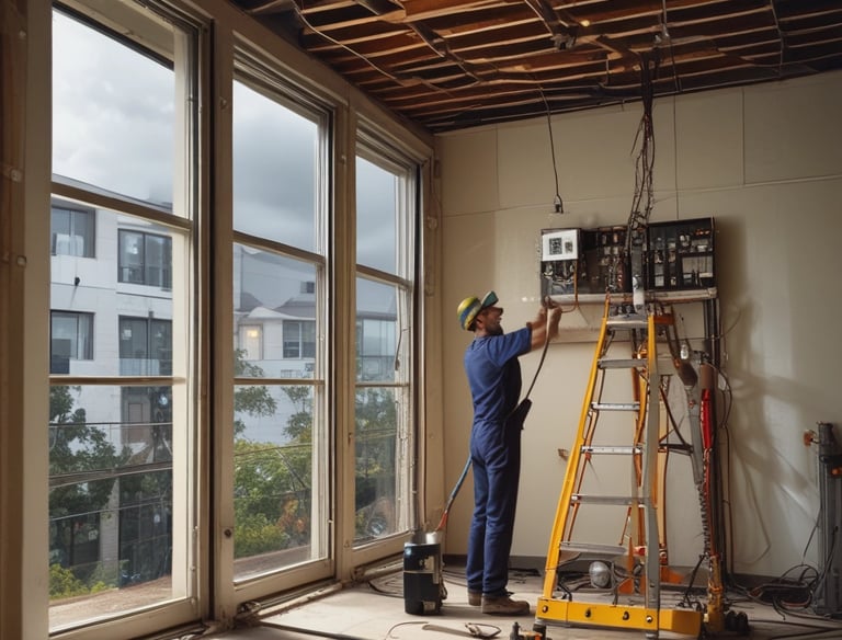 An electrician in blue overalls repairs wiring in a commercial building during a renovation project.