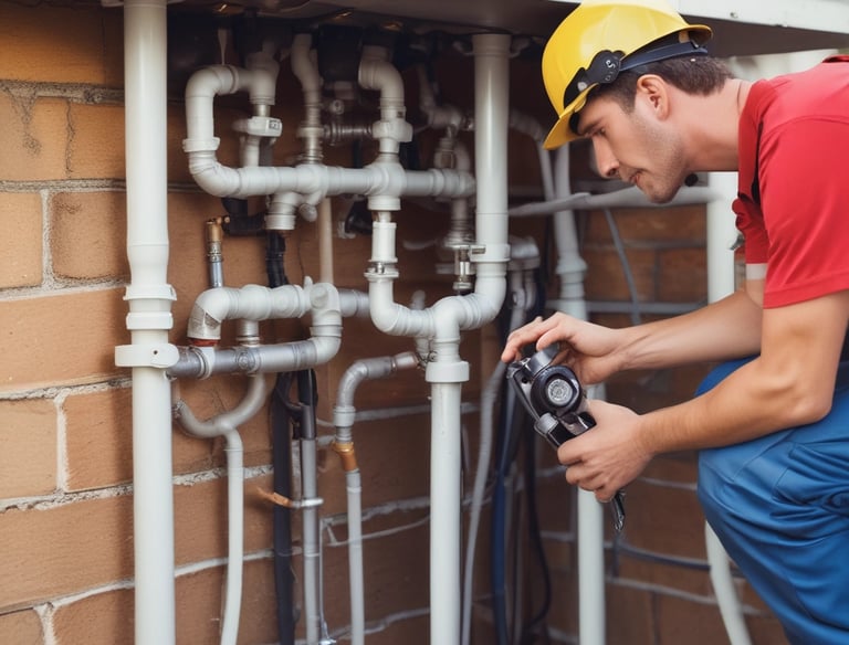 Professional plumber in a yellow hard hat inspecting complex outdoor pipe plumbing systems.