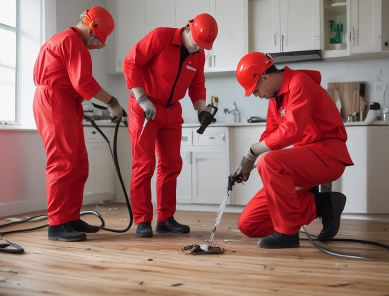 Professionals in red overalls and hard hats treat a kitchen floor from water damage.