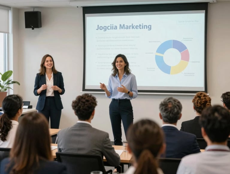 Professional female speaker giving a business presentation to a corporate audience in a modern seminar room.